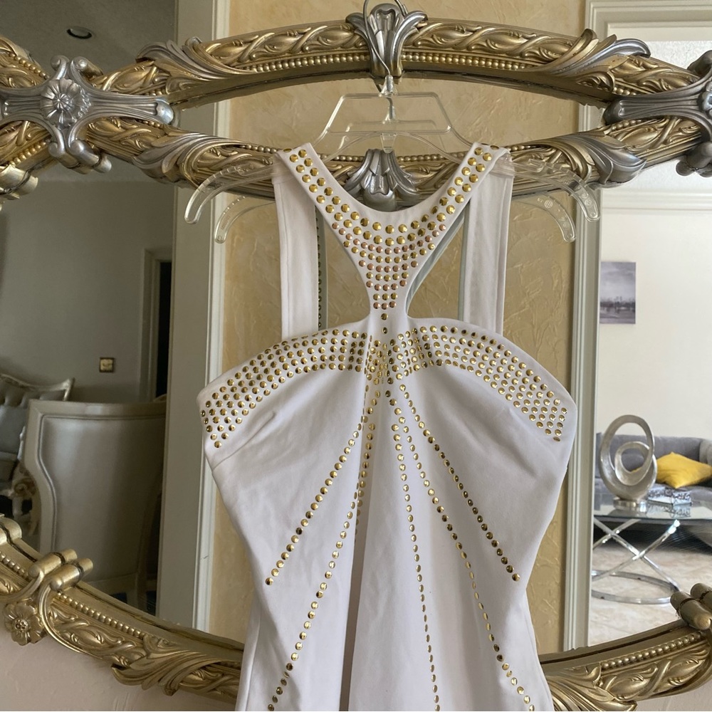 White and gold bebe dress